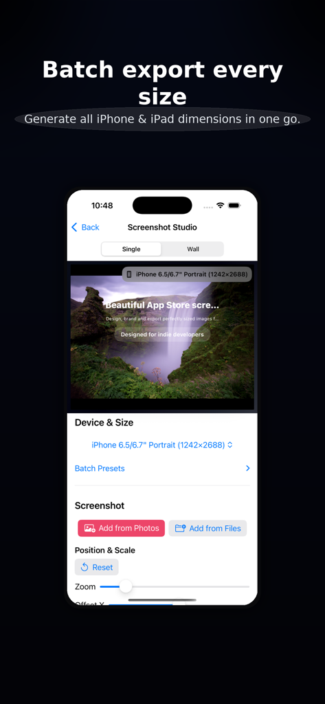 Screenshot Studio - Screenshot Studio interface showing batch export options for various iPhone and iPad screen sizes.