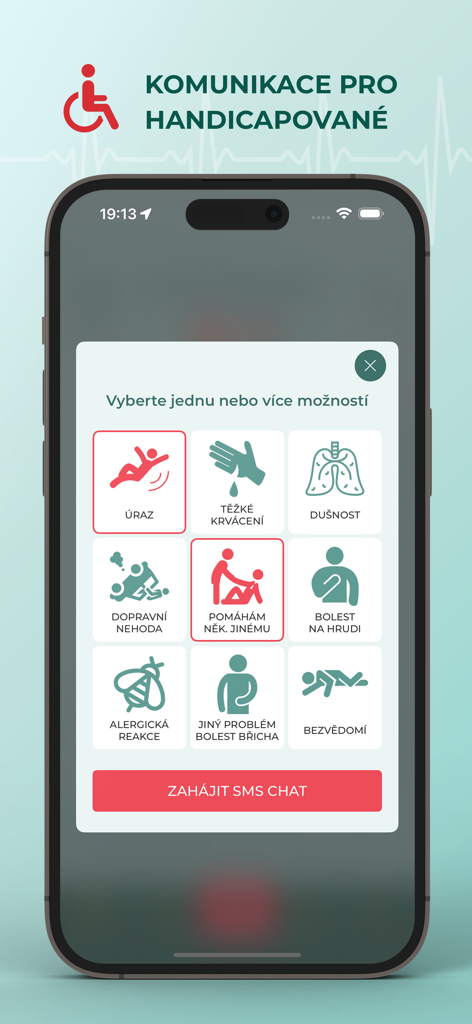 Zachranka app accessibility screen showing emergency situation icons for starting an SMS chat with rescue services