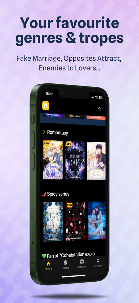 Narae - Web novels & Romance - Una schermata di smartphone che mostra l'interfaccia dell'app Narae con categorie di romanzi web d'amore tra cui Romantasy e Serie Piccanti