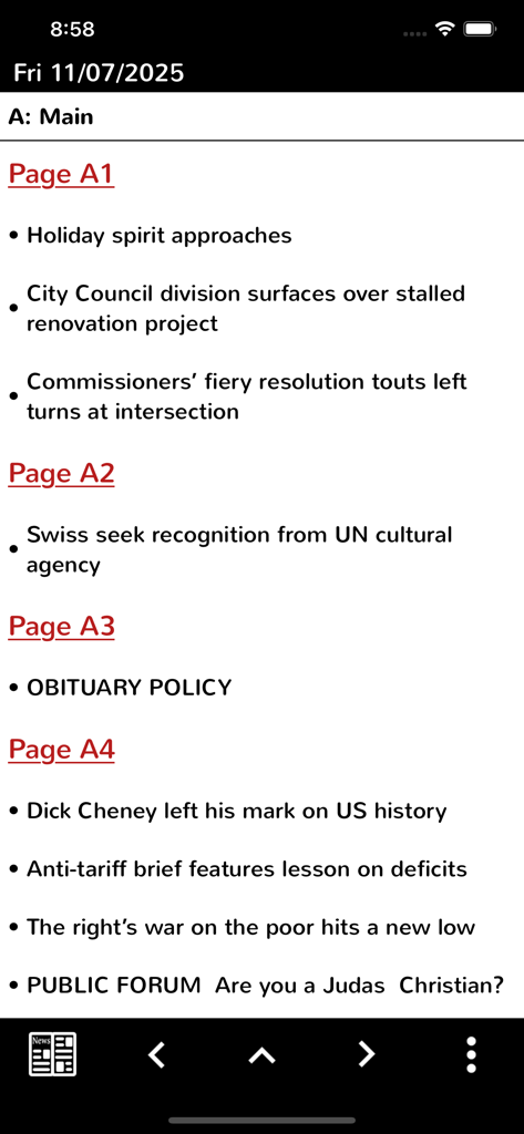 RM Telegram mobile app showing a table of contents for the eEdition newspaper with headlines for pages A1 through A4