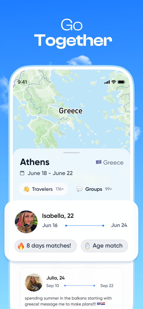 TripBFF - Solo Travel Friends - TripBFF App-Bildschirm, der Reisendenprofile und Reise-Matches für Athen, Griechenland zeigt