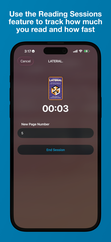 Una pantalla de teléfono inteligente que muestra el temporizador de sesión de lectura y la función de seguimiento de páginas en la aplicación Biblioteca de Libros