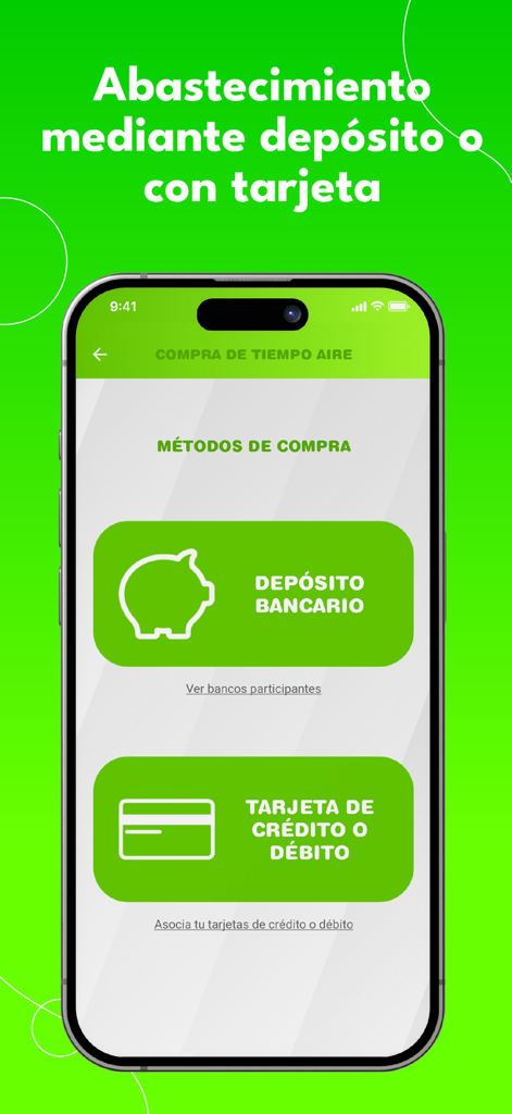 Mobile screen showing purchase methods for bank deposit and credit card refills in the YoVendoRecarga app