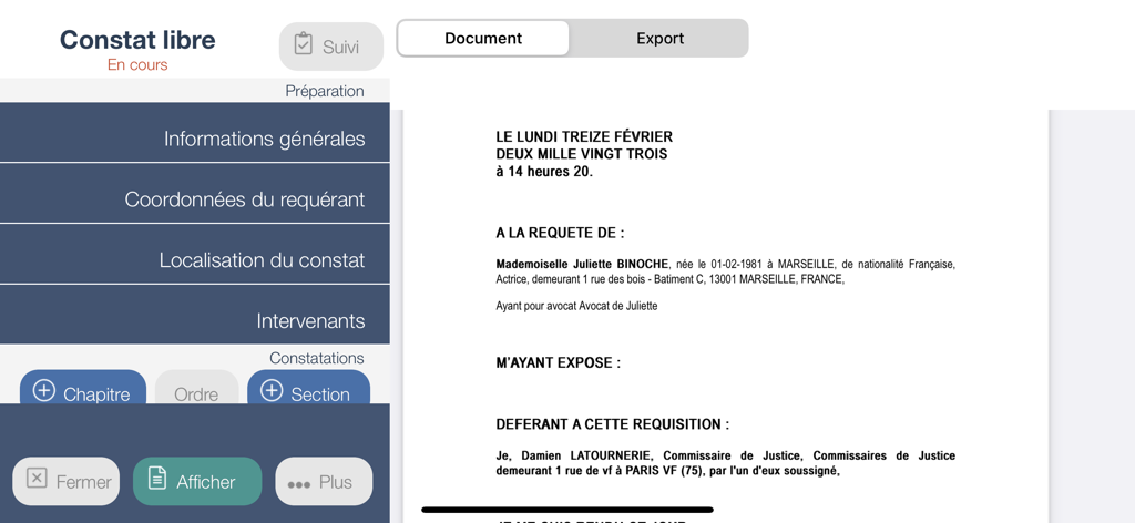 MASTER REPORT - Interface of the Master Report app showing a legal document preview and professional report editing sections