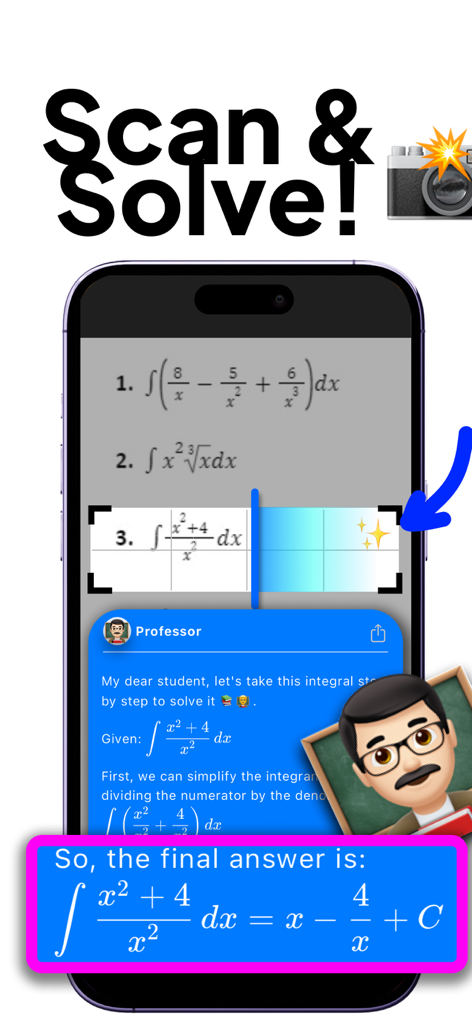 Una interfaz móvil de la aplicación Study Buddy escaneando y resolviendo un problema de cálculo