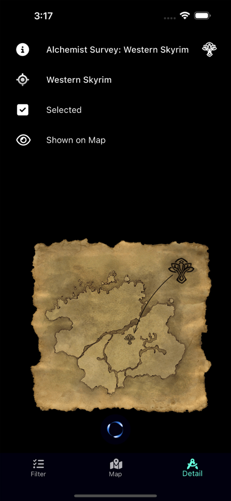ESO Surveyor - ESO Surveyor app showing a parchment style treasure map for an Alchemist Survey in the Western Skyrim zone