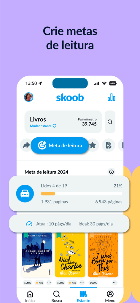 Skoobモバイルアプリのインターフェース。年間読書目標と本の進捗状況の追跡を表示しています。