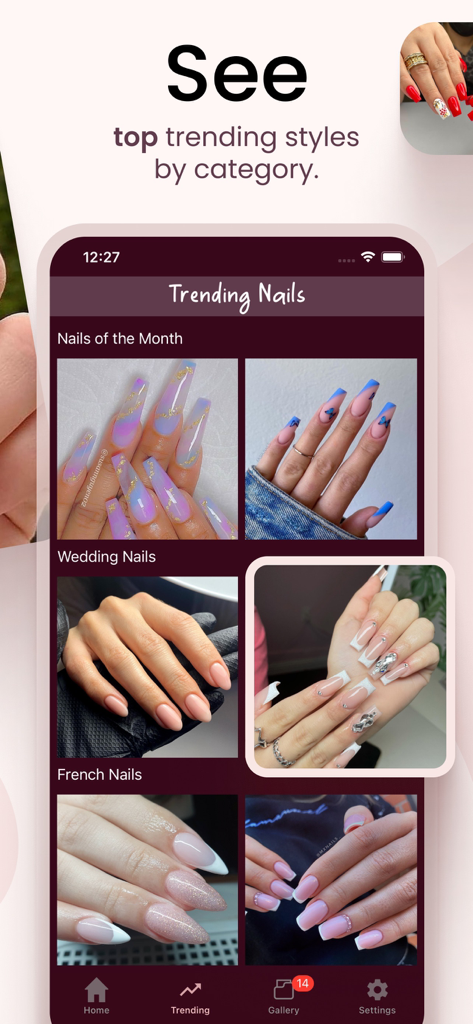 Styles4Nailz – Nail Designs - Styles4Nailz app screen showing top trending nail styles categorized by theme like Wedding and French nails