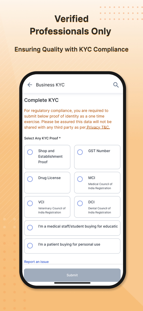 Medikabazaar-Medical Supplies - Business KYC verification screen in the Medikabazaar app for medical professional registration.
