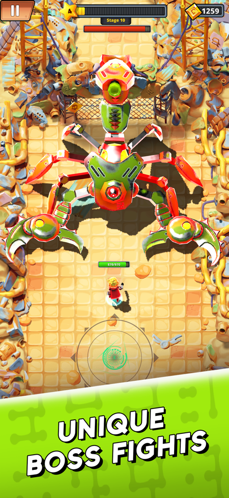 Guns vs Magic - Battle RPG - Guns vs Magicのゲームプレイ画面。ヒーローキャラクターがディーゼルパンクの設定で巨大な機械的なサソリのボスと対峙しており、「Unique Boss Fights」のテキストが表示されている。