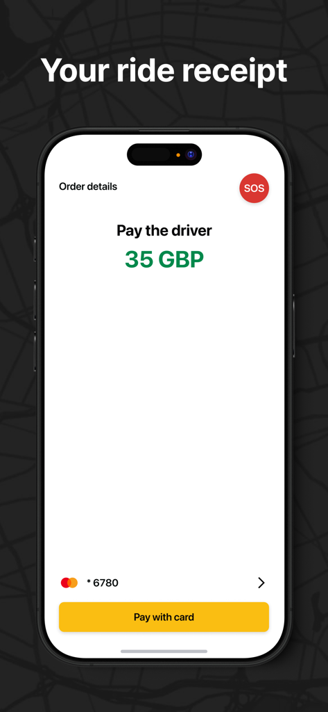 TaxiF app interface showing a ride receipt with a total of 35 GBP and a pay with card button