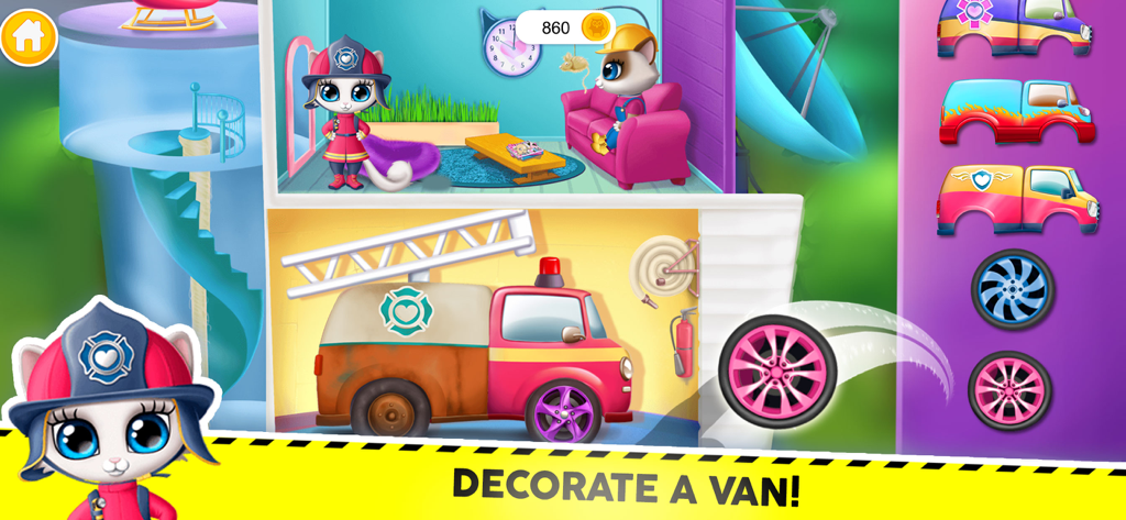 Kitty Meow Meow City Heroes - A kitty firefighter decorating a rescue van in the city heroes station