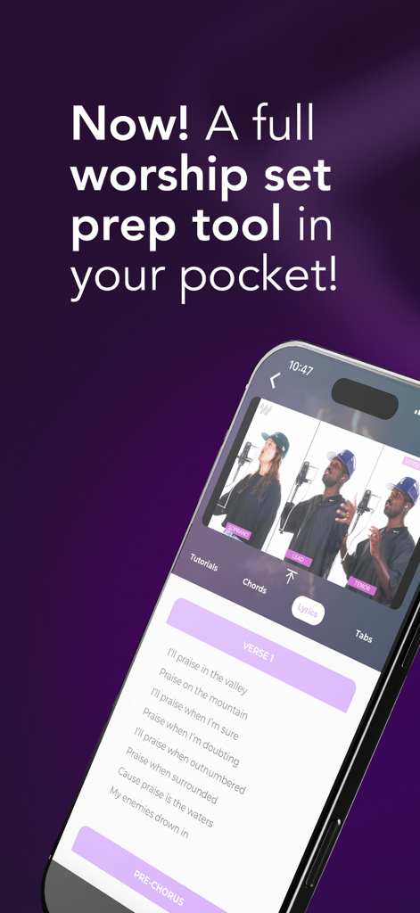 Worship Online - Smartphone displaying the Worship Online app with vocal tutorial videos and song lyrics