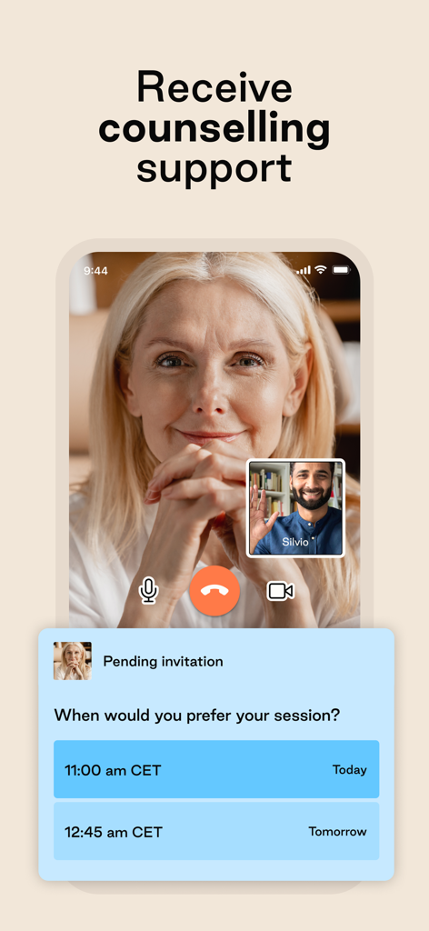 Video call interface for receiving professional counseling support on the Kyan Health app