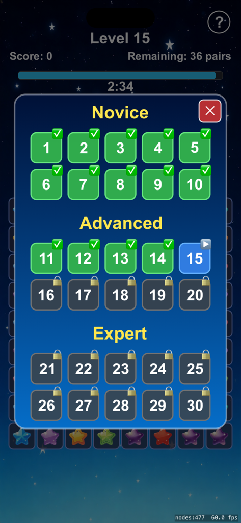Level selection screen in Star Twinkle Pop and Dream showing Novice Advanced and Expert difficulty tiers with locked and completed levels