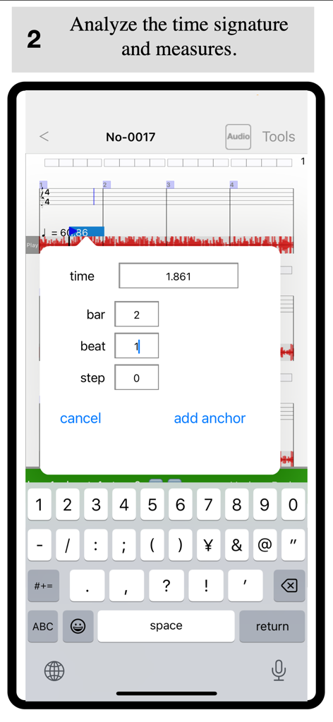Notate + Play = music notebook - Interface for adding a beat anchor to sync audio with musical notation in the Notate Play app.