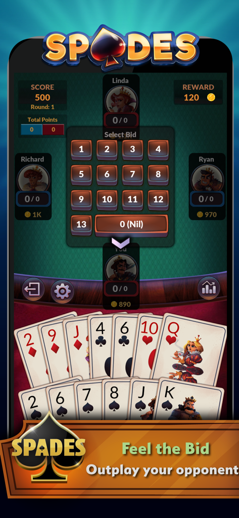 Bidding screen in Spades Offline mobile card game showing a hand of cards and numerical bid options