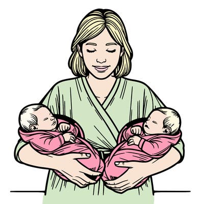 a lady holding twin newborns realistic