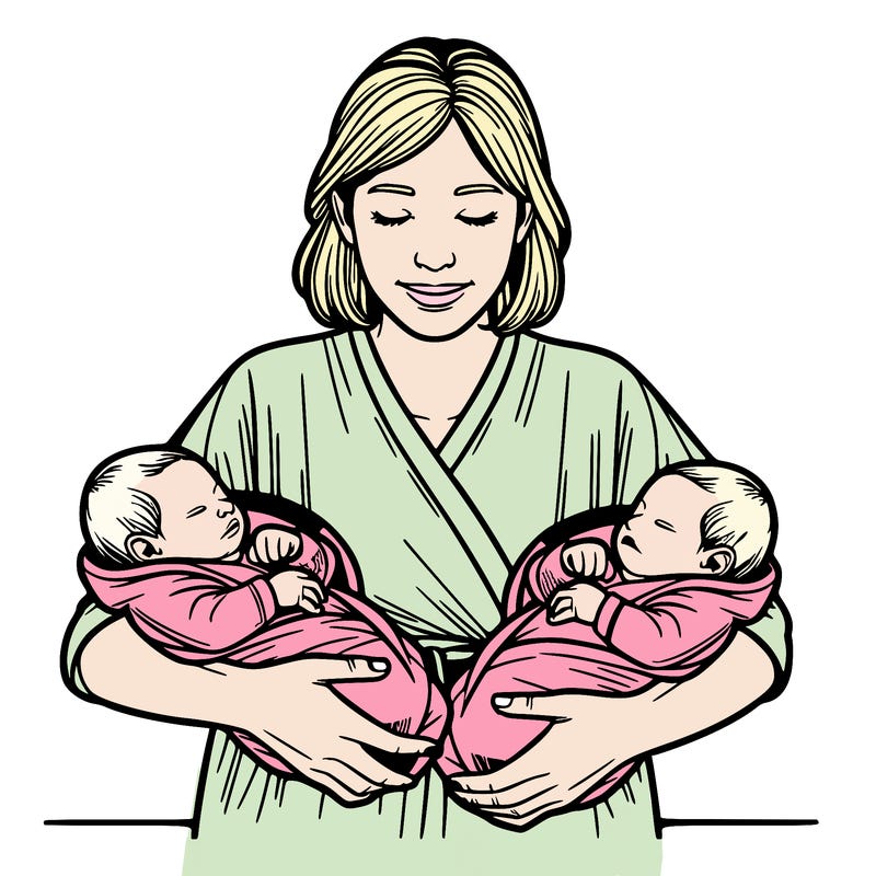 a lady holding twin newborns realistic