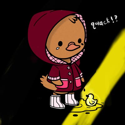 baby duck in a rain coat and boots, in a puddle while it’s raining