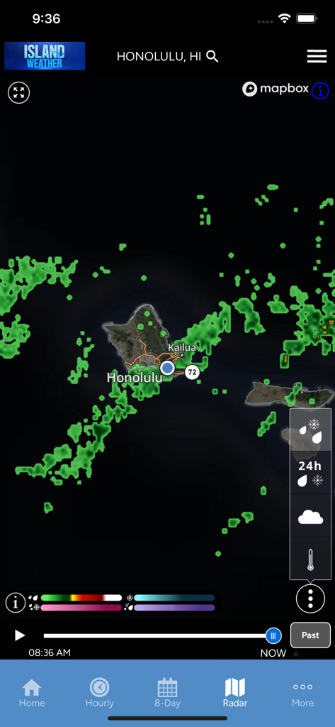 Island Weather - KITV4 - High resolution weather radar map of Honolulu Hawaii on the Island Weather KITV4 mobile app interface