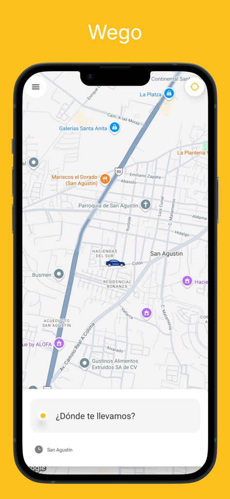 Wego pasajeros - Interface de carte de l'application de covoiturage Wego pasajeros avec barre de recherche de destination et icône de véhicule