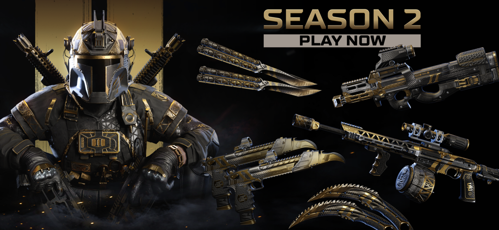 Combat Master Mobile Season 2 promotional art with tactical character and gold weapon skins
