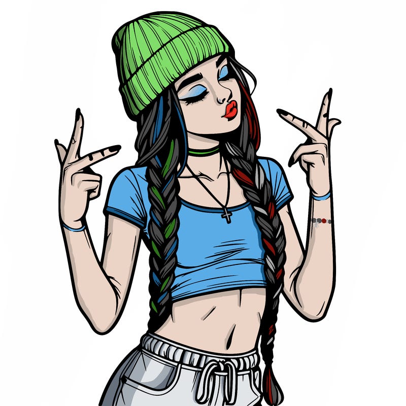 realistic teenage girl with braids and a beanie and crop top doing 🫶🏼