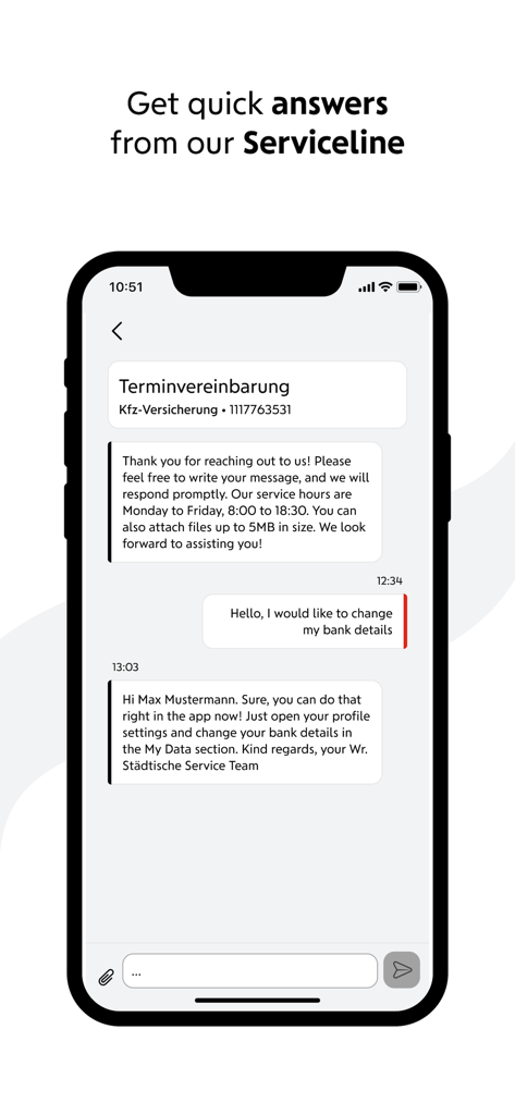 losleben - Wiener Städtische - Wiener Städtischeカスタマーサービスチームとの迅速なサポートのためのアプリ内チャットインターフェースを表示するスマートフォン。
