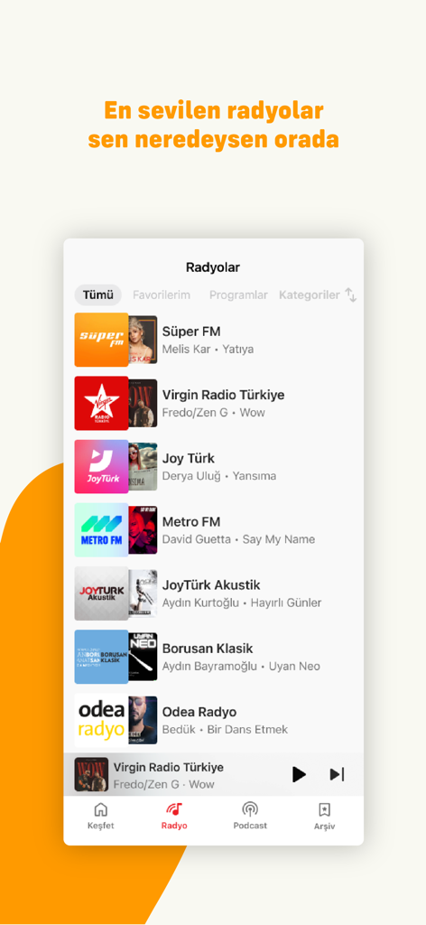 Karnaval: Radio & Podcast - List of popular Turkish radio stations on the Karnaval app interface