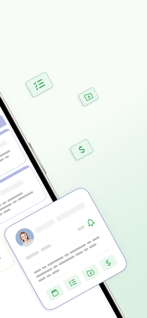 Cliniccards mobile app interface featuring patient management and financial tracking icons