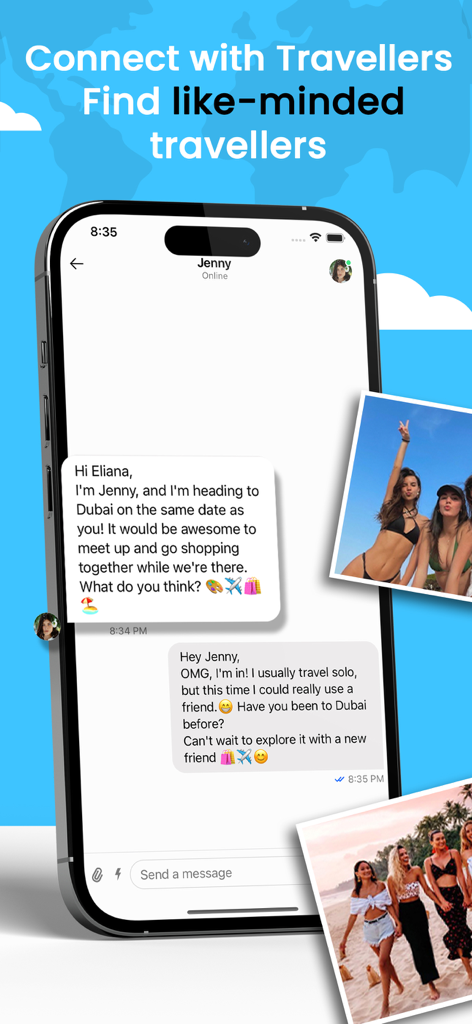 Tripper - Travel mate finder - Interface de chat no aplicativo Tripper onde dois viajantes solitários planejam um encontro em Dubai