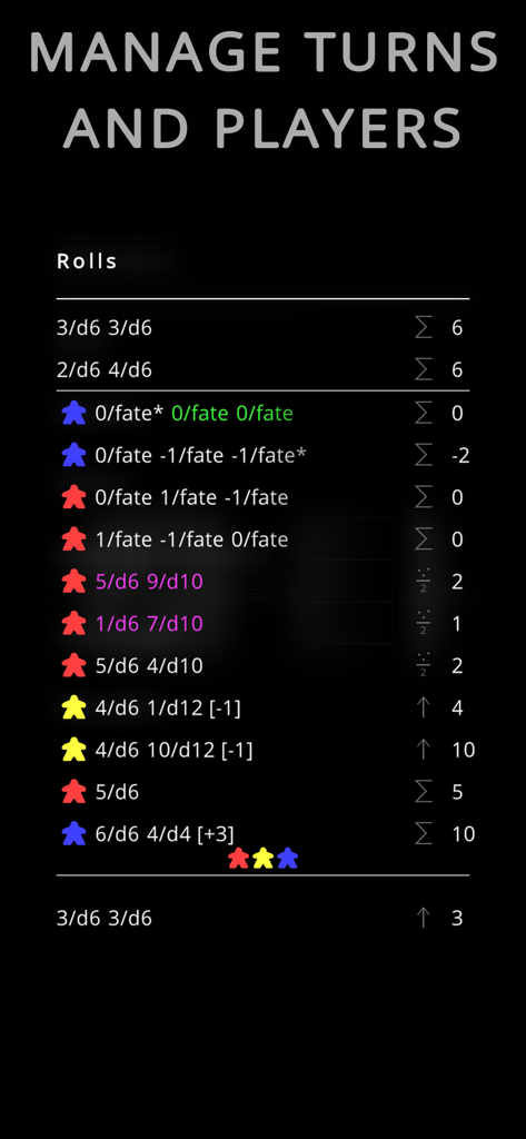 Dice Area - Pantalla de la aplicación Dice Area que muestra un registro de tiradas de dados y el historial de turnos de varios jugadores durante una sesión de juego