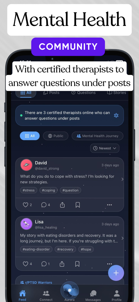 Aurora: AI Therapy & Community - Una pantalla móvil que muestra el feed de la comunidad de la aplicación Aurora con soporte de terapeutas y publicaciones de usuarios