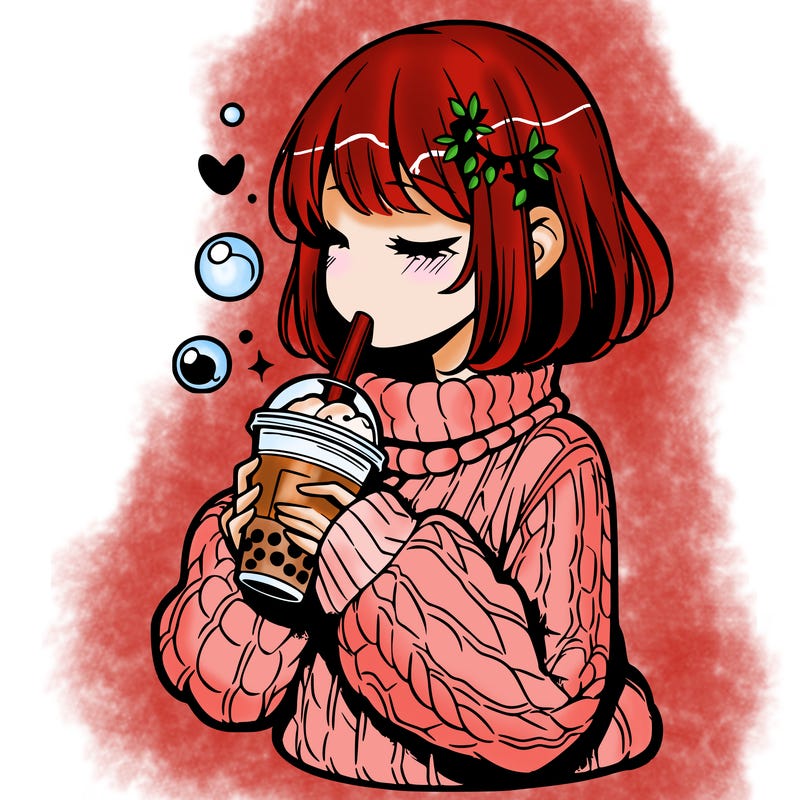 manga girl drinking boba in cozy sweater