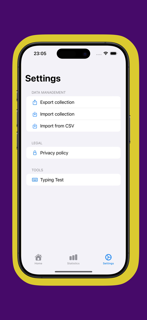 Interfaz de configuración de la aplicación Expansor de Teclado que muestra opciones de gestión de datos y una herramienta de prueba de escritura.