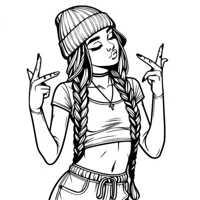 realistic teenage girl with braids and a beanie and crop top doing 🫶🏼