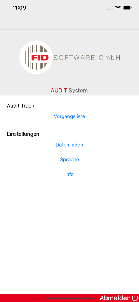 Menu principal do aplicativo móvel AUDIT System mostrando as seções Audit Track e Settings.