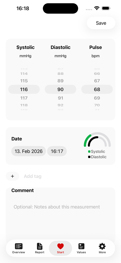 Interfaccia utente per la registrazione delle letture di pressione sanguigna e polso con un indicatore visivo di salute