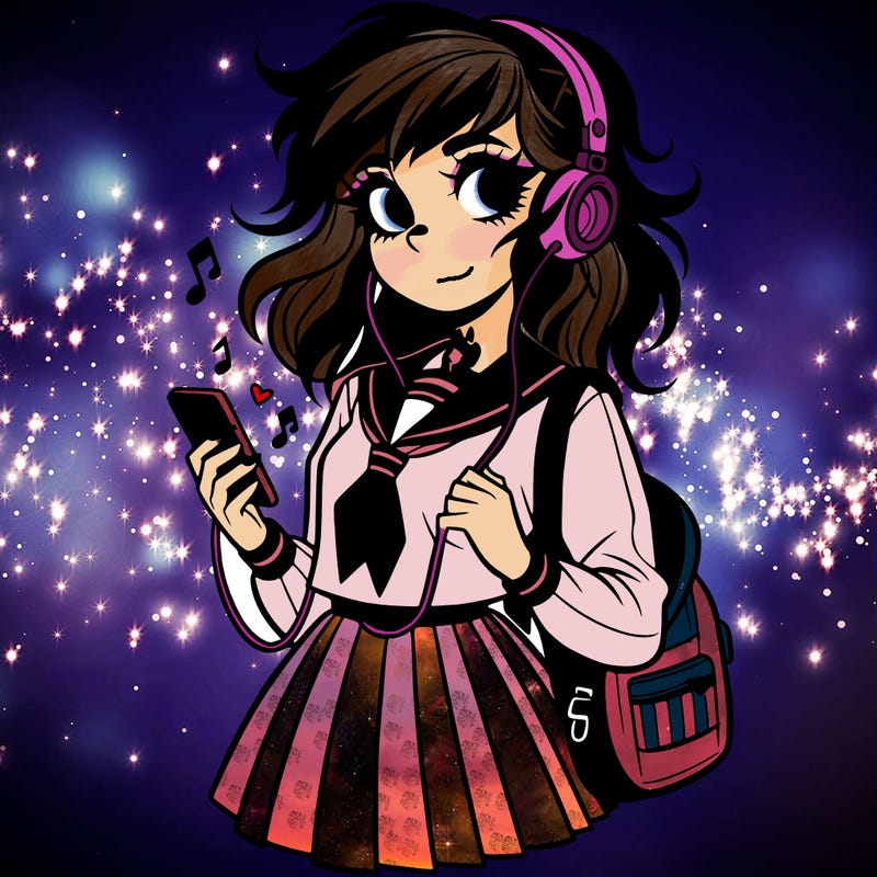 teen goth girl in school girl uniform listening to music