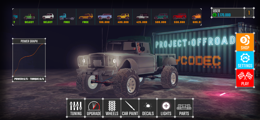 [PROJECT:OFFROAD][20] - Menú del garaje en Project Offroad mostrando una camioneta con opciones de personalización para ajuste y mejoras