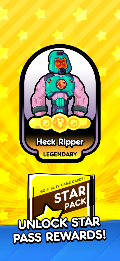 Schermata di sblocco della carta personaggio leggendaria Heck Ripper e dei premi Star Pack di Golf Blitz.