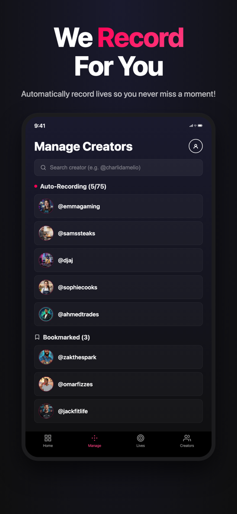 LiveRec - 라이브 스트림 자동 녹화를 위한 크리에이터 목록을 표시하는 LiveRec 앱 화면