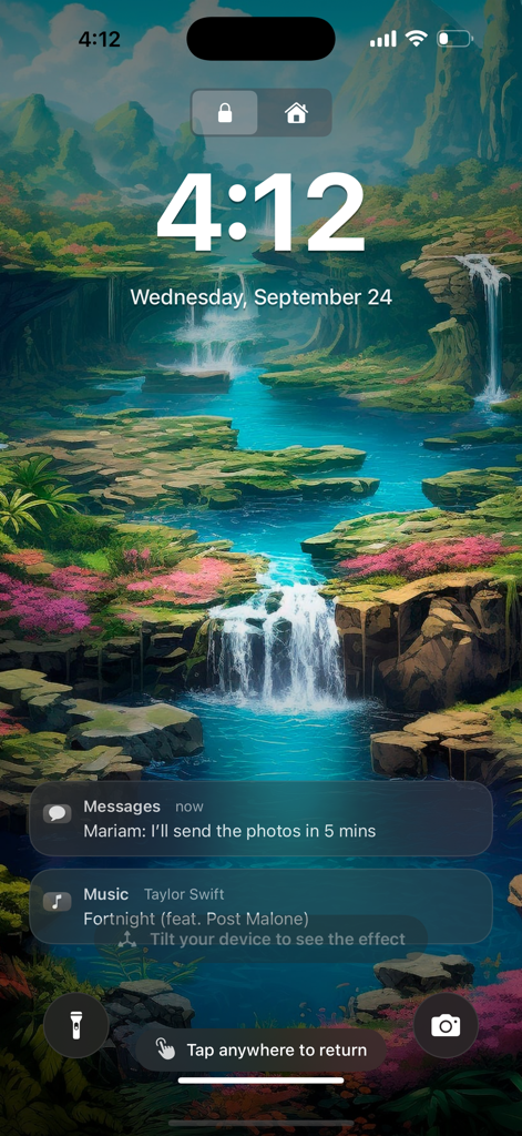 AI 4D & 3D Parallax Wallpapers - iPhone lock screen featuring a vibrant AI-generated 3D parallax wallpaper of a tropical landscape with waterfalls and a turquoise river