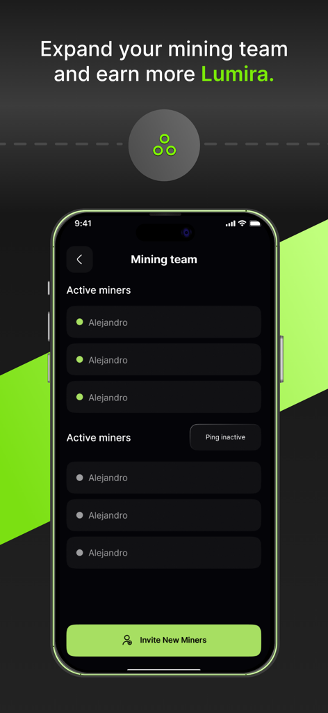 Mira - A mobile screen from the Mira app showing a list of active and inactive mining team members.
