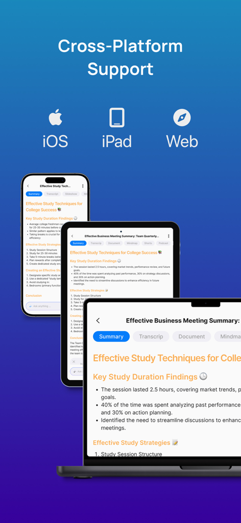 NoteX: AI Note Taker, Notebook - NoteX AI Note Taker interface showing cross-platform support on iPhone iPad and Web