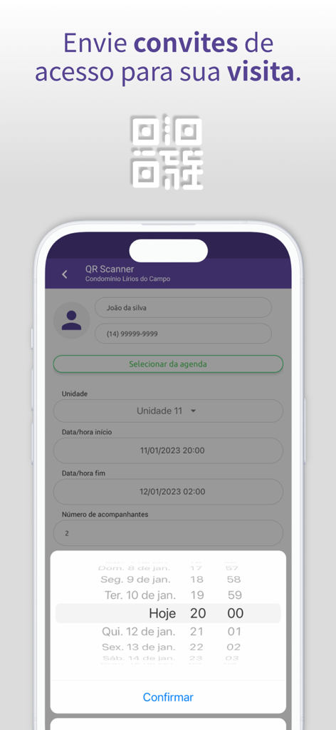 Interface de l'application mobile Condfy pour créer des invitations d'accès visiteur avec des codes QR.