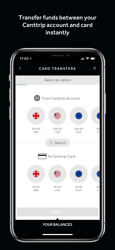 Centtrip - Centtrip app screen for instant fund transfers between account and card in different currencies