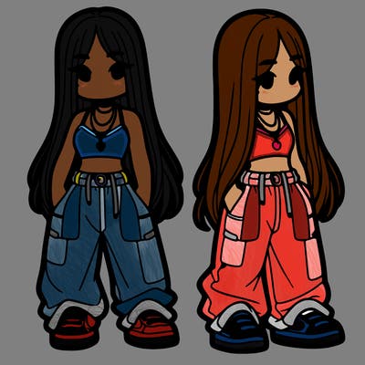 girl in baggy pants crop top and long hair