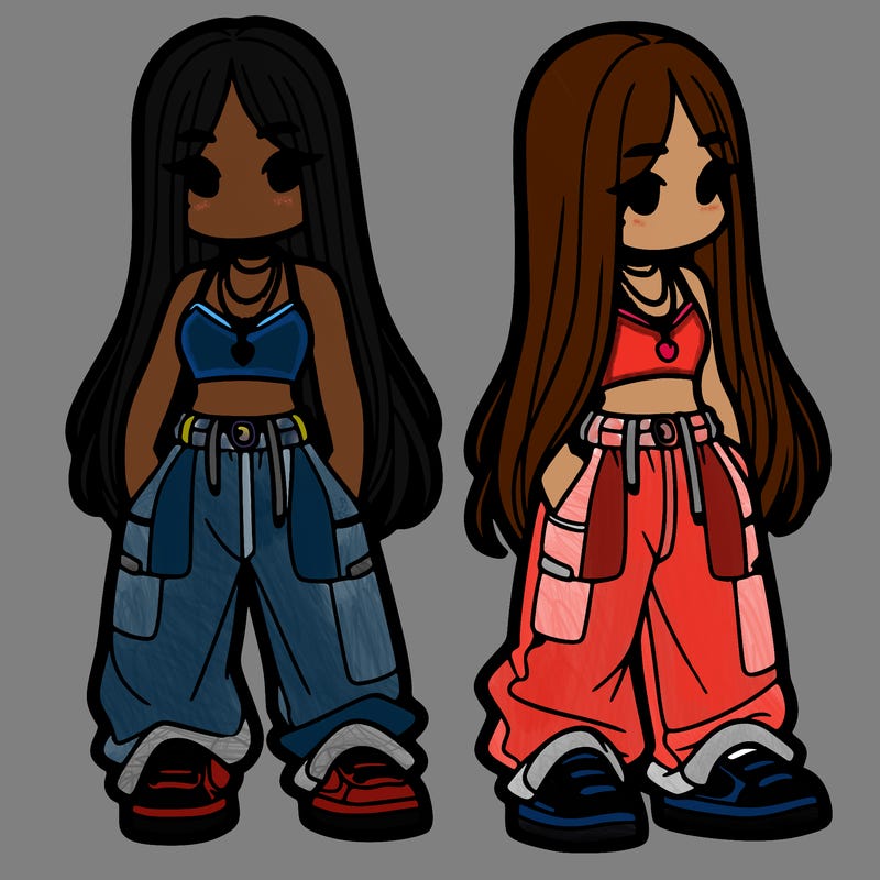 girl in baggy pants crop top and long hair